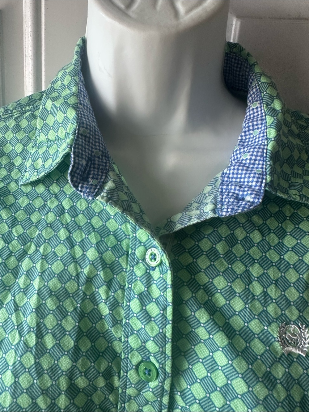 Cinch Green Geometric Print Long Sleeve Shirt Gingham Trim M Western Chic - Picture 8 of 9